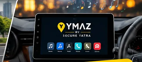 YMAZ dashboard screen and music system inside a cab