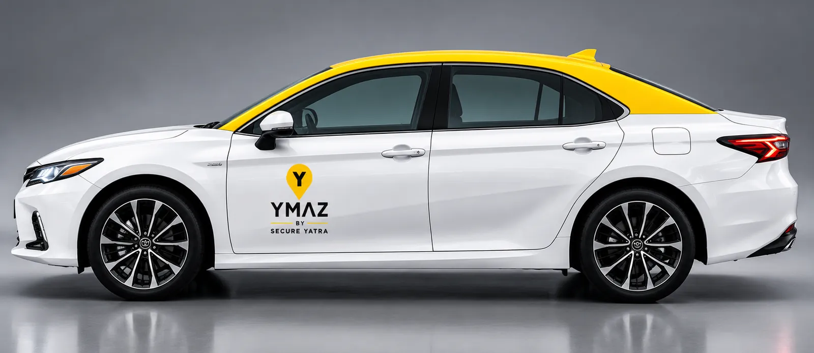 Side view of a white YMAZ sedan with yellow roof
